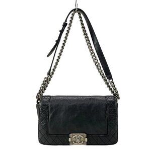 Auth CHANEL Boy Chanel - Black Calf Skin Shoulder Bag